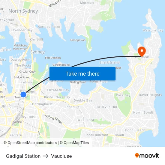 Gadigal Station to Vaucluse map