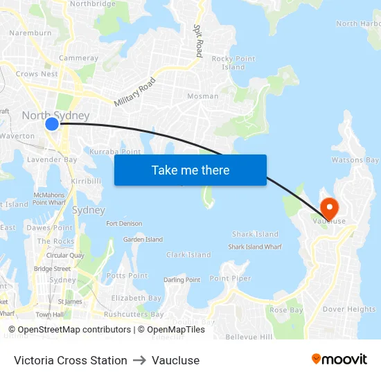 Victoria Cross Station to Vaucluse map