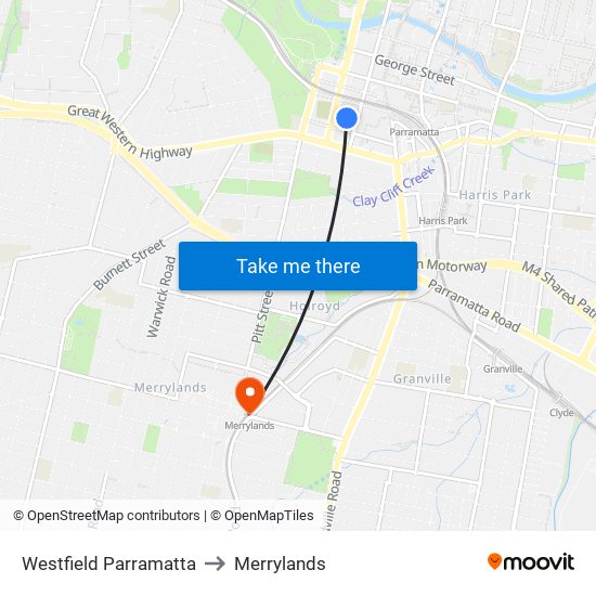 Westfield Parramatta to Merrylands map