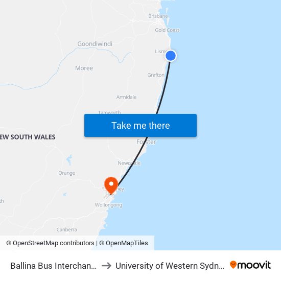 Ballina Bus Interchange, Tamar St to University of Western Sydney - Bankstown map