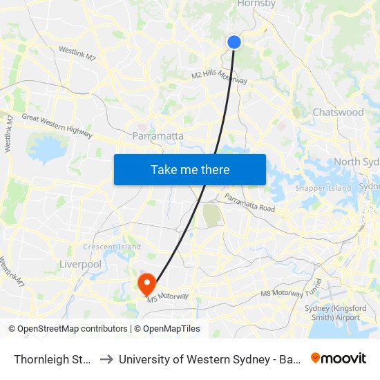 Thornleigh Station to University of Western Sydney - Bankstown map