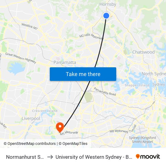 Normanhurst Station to University of Western Sydney - Bankstown map