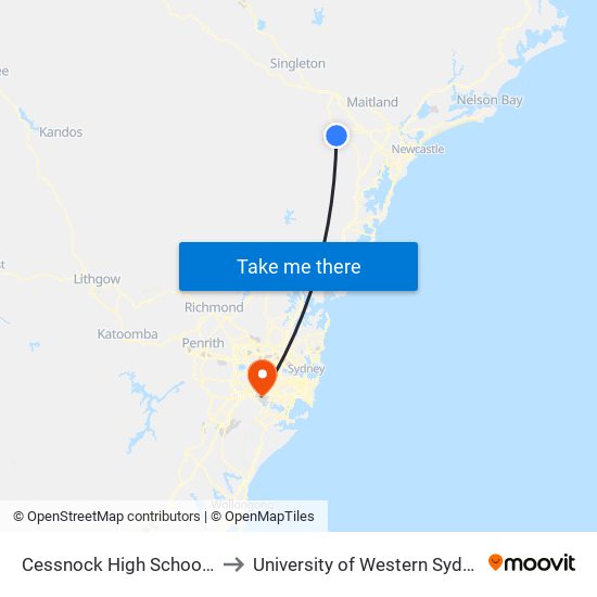 Cessnock High School, Aberdare Rd to University of Western Sydney - Bankstown map