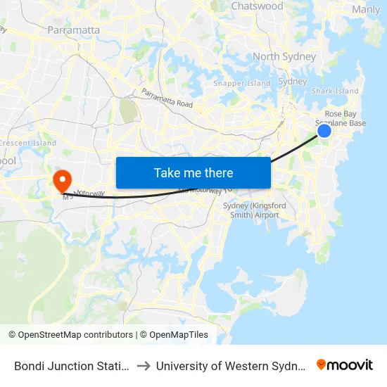 Bondi Junction Station, Stand G to University of Western Sydney - Bankstown map