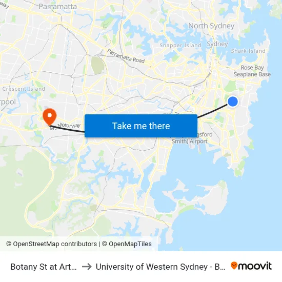 Botany St at Arthur St to University of Western Sydney - Bankstown map
