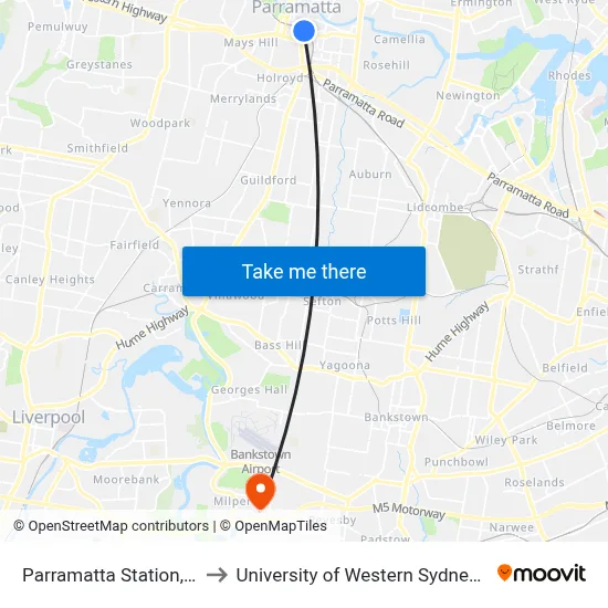 Parramatta Station, Stand A3 to University of Western Sydney - Bankstown map