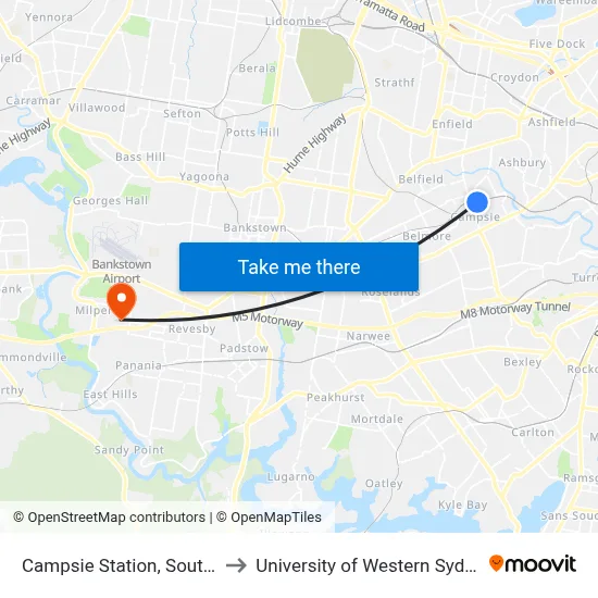 Campsie Station, South Pde, Stand E to University of Western Sydney - Bankstown map