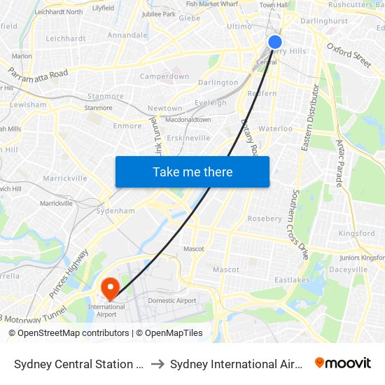 Sydney Central Station Bookstore to Sydney International Airport Station map