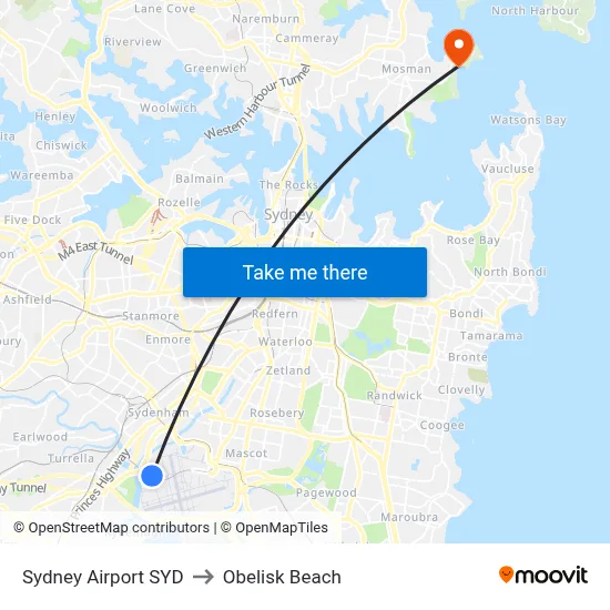 Sydney Airport SYD to Obelisk Beach map