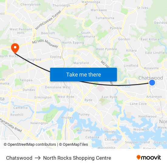 Chatswood to North Rocks Shopping Centre map