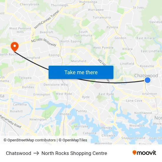 Chatswood to North Rocks Shopping Centre map