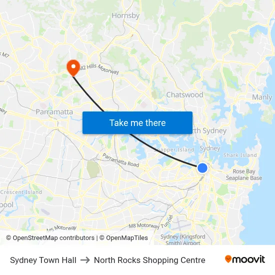 Sydney Town Hall to North Rocks Shopping Centre map