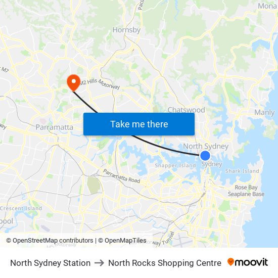 North Sydney Station to North Rocks Shopping Centre map