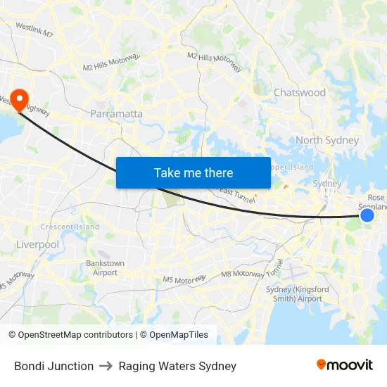 Bondi Junction to Raging Waters Sydney map