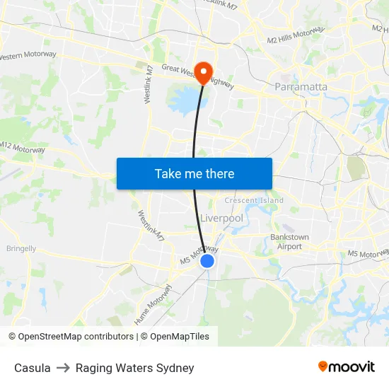 Casula to Raging Waters Sydney map