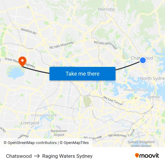 Chatswood to Raging Waters Sydney map