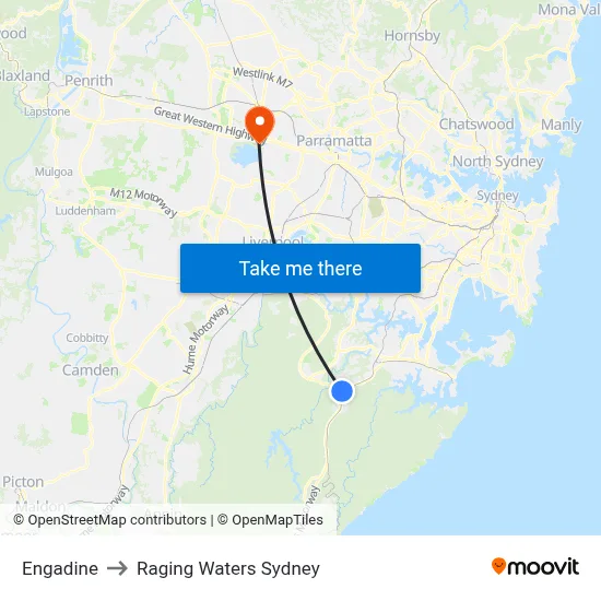 Engadine to Raging Waters Sydney map