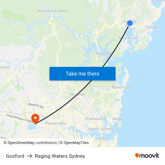 Gosford to Raging Waters Sydney map