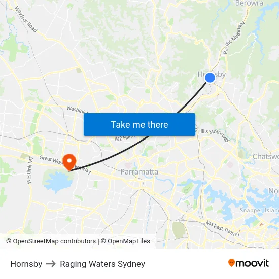 Hornsby to Raging Waters Sydney map