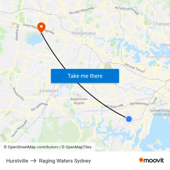 Hurstville to Raging Waters Sydney map