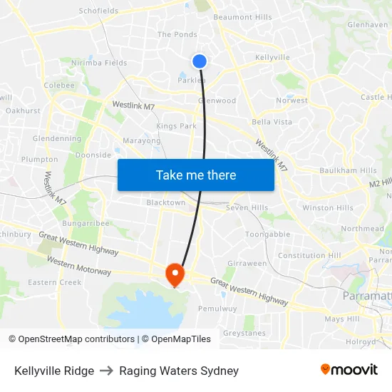 Kellyville Ridge to Raging Waters Sydney map