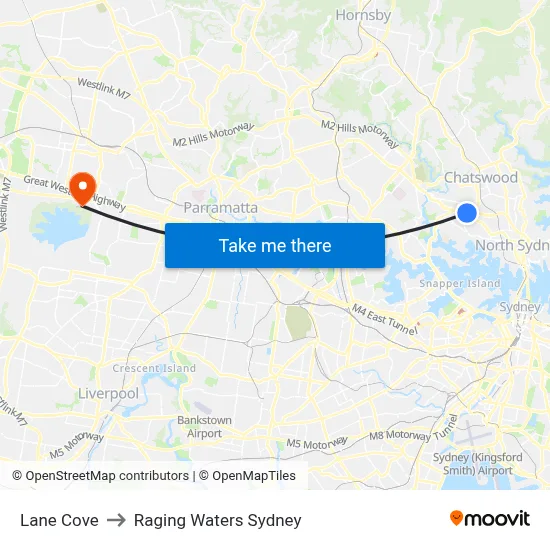 Lane Cove to Raging Waters Sydney map