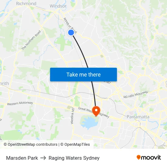 Marsden Park to Raging Waters Sydney map
