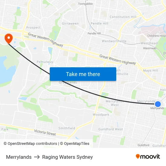 Merrylands to Raging Waters Sydney map
