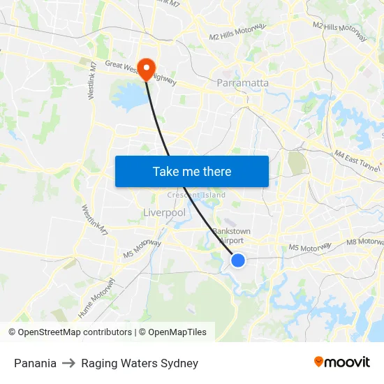Panania to Raging Waters Sydney map