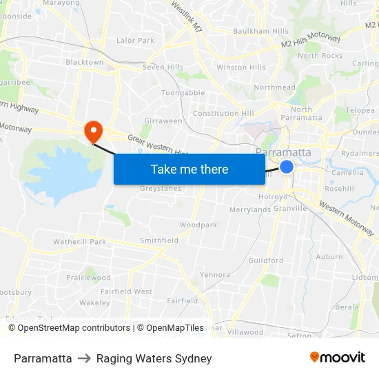 Parramatta to Raging Waters Sydney map