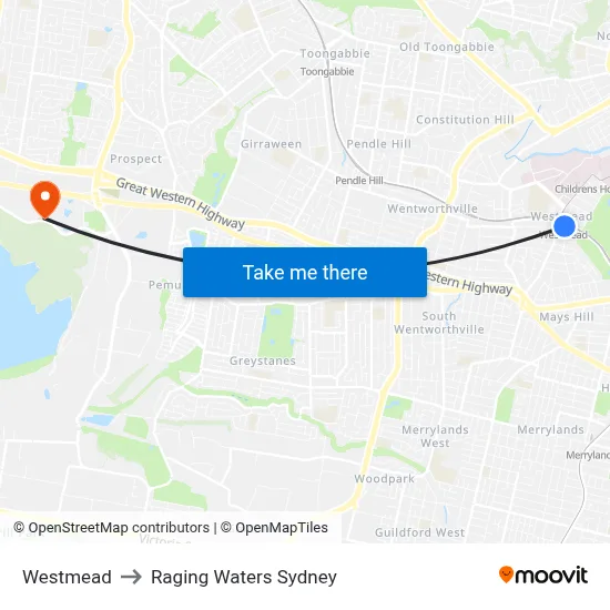 Westmead to Raging Waters Sydney map
