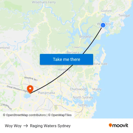 Woy Woy to Raging Waters Sydney map