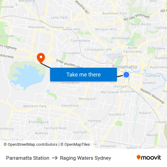 Parramatta Station to Raging Waters Sydney map