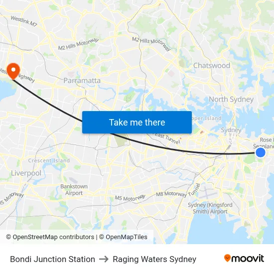 Bondi Junction Station to Raging Waters Sydney map