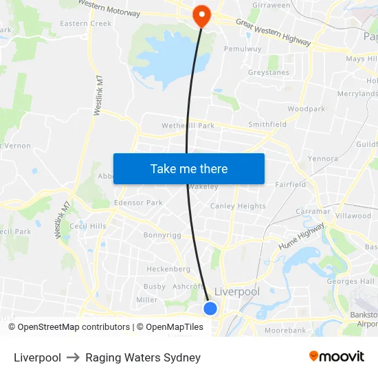 Liverpool to Raging Waters Sydney map