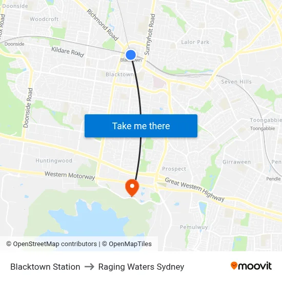 Blacktown Station to Raging Waters Sydney map