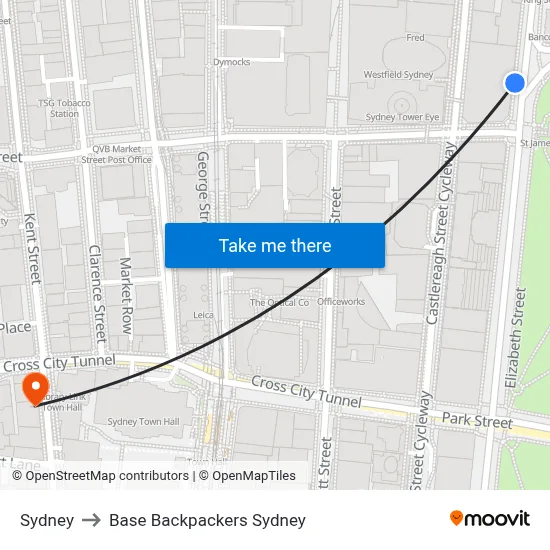 Sydney to Base Backpackers Sydney map