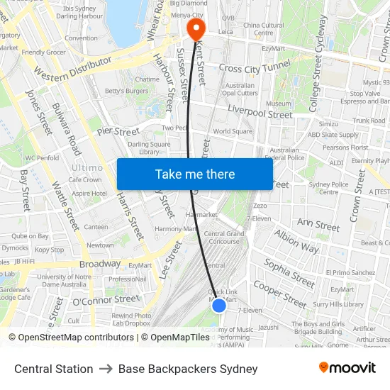 Central Station to Base Backpackers Sydney map