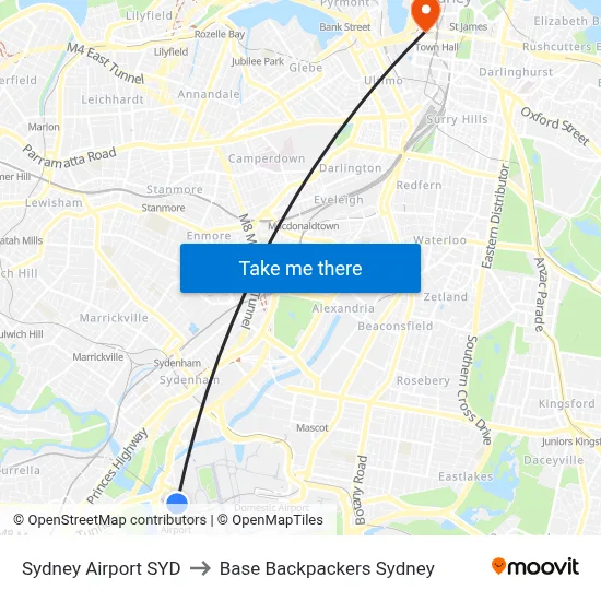 Sydney Airport SYD to Base Backpackers Sydney map