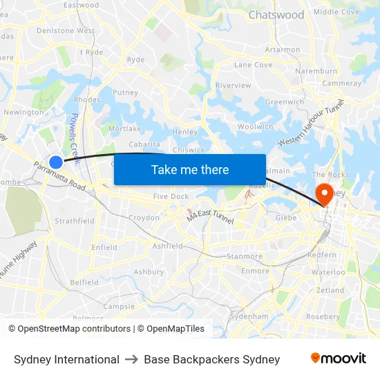 Sydney International to Base Backpackers Sydney map