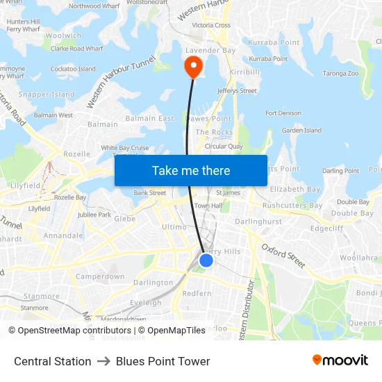 Central Station to Blues Point Tower map