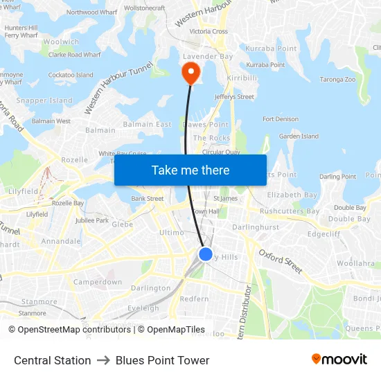Central Station to Blues Point Tower map