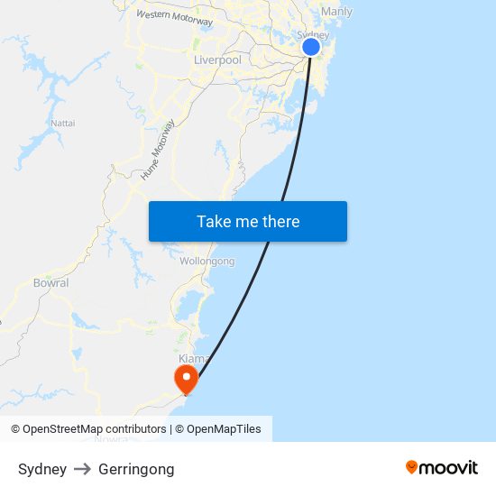 Sydney to Gerringong map
