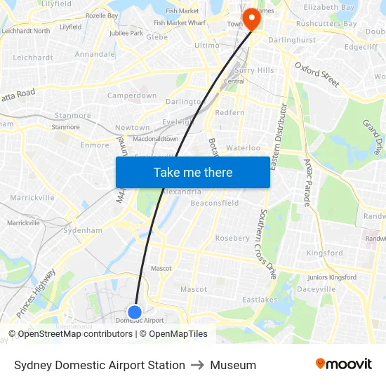 Sydney Domestic Airport Station to Museum map