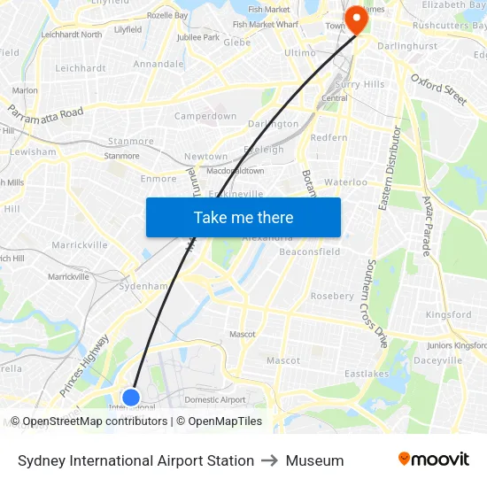 Sydney International Airport Station to Museum map