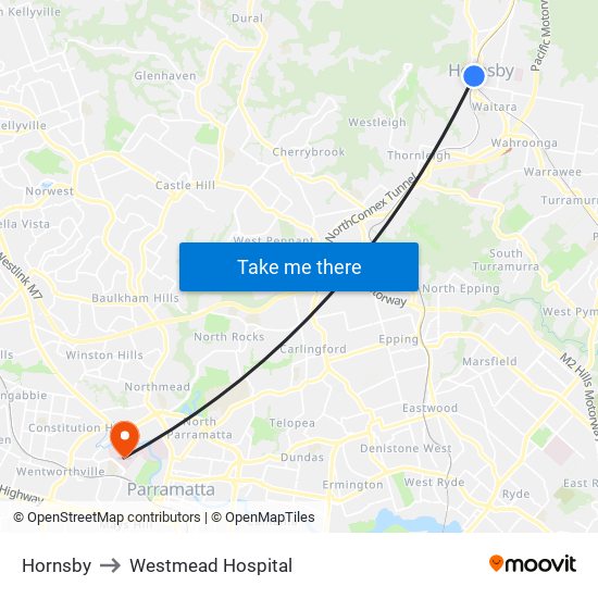 Hornsby to Westmead Hospital map