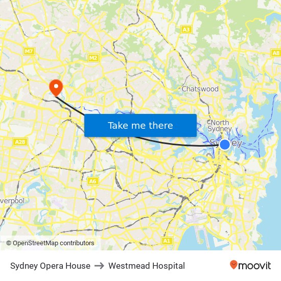Sydney Opera House to Westmead Hospital map