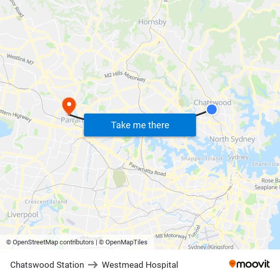 Chatswood Station to Westmead Hospital map