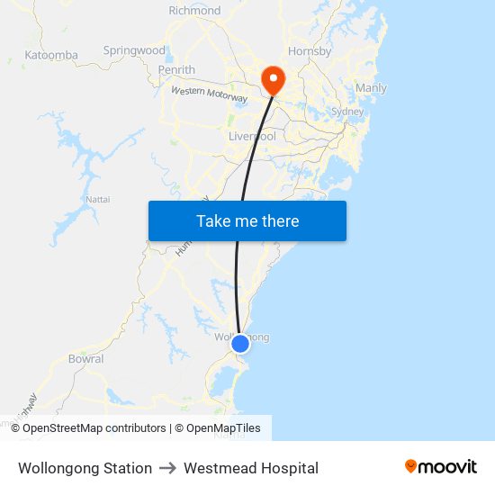 Wollongong Station to Westmead Hospital map