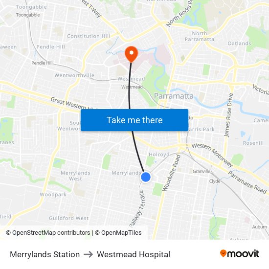 Merrylands Station to Westmead Hospital map